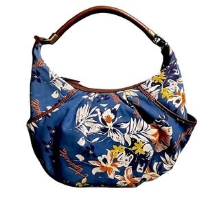 Tignanello Floral Hobo‎ Bag Blue Leather Trim Shoulder Bag Purse